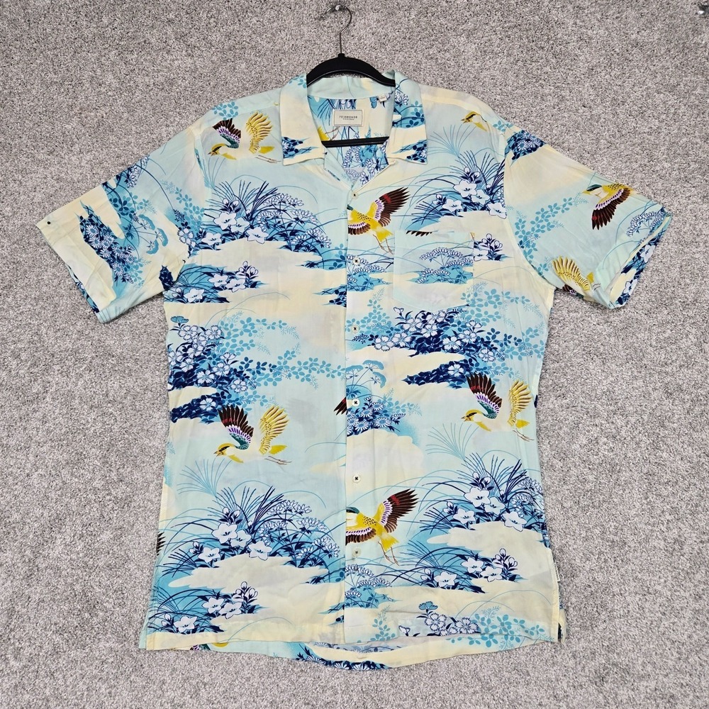 7 Diamonds Hawaiian Shirt Mens Large Blue Birds floral rayon camp loop S/S
